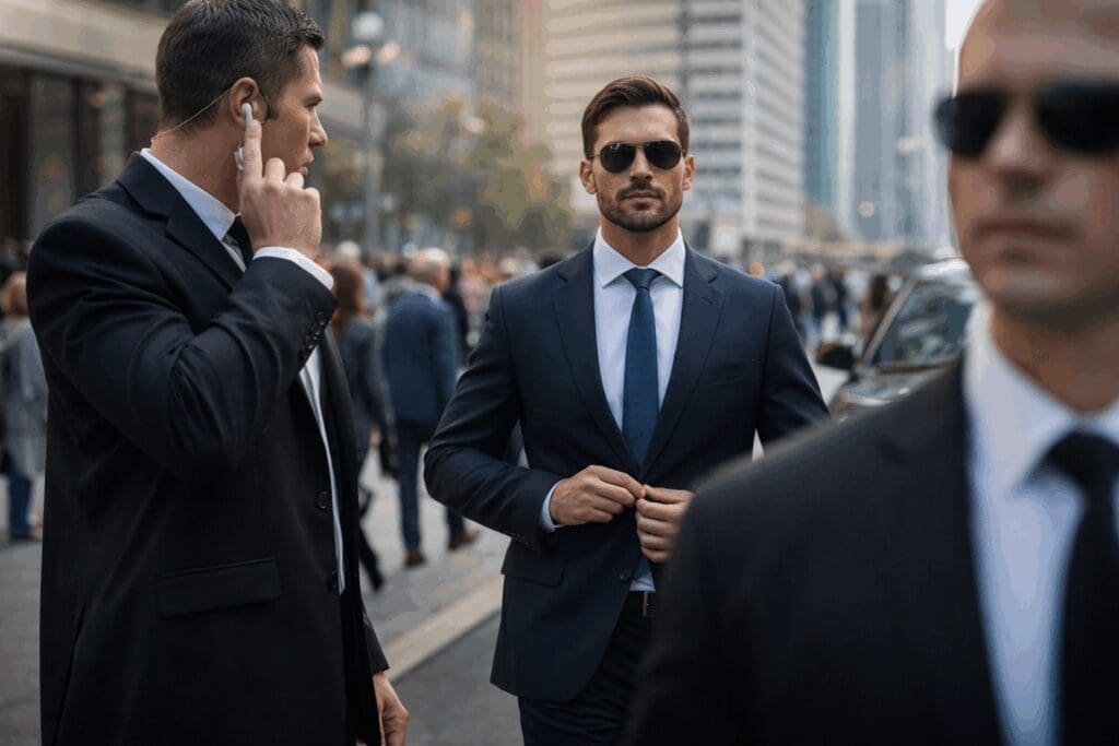 Man in sunglasses fastening his suit jacket amidst a crowd in an urban setting.
