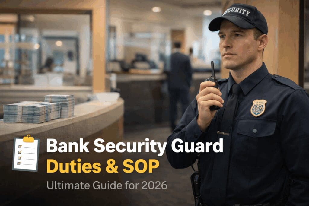 Security guard using a walkie-talkie in a bank setting.