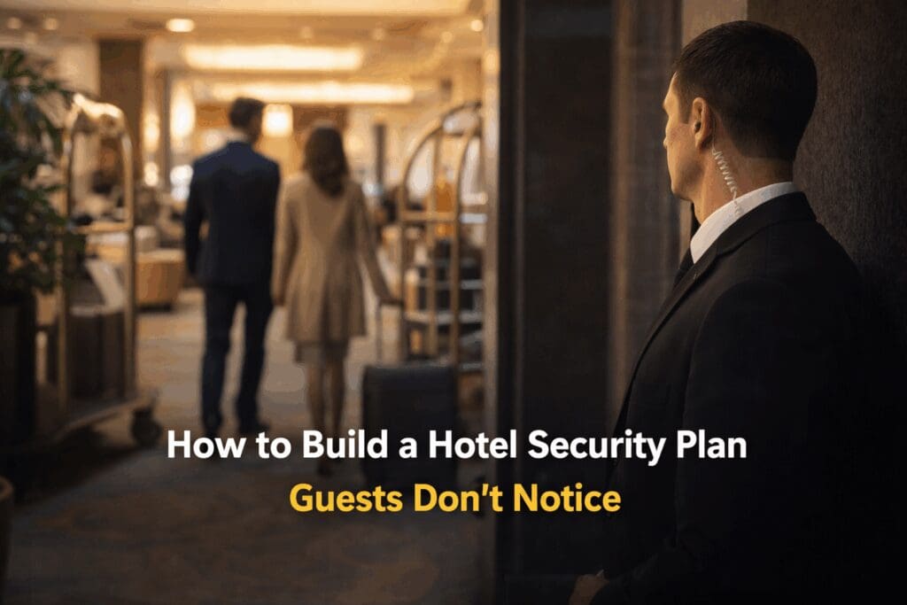 Hotel security staff monitoring guests discreetly.